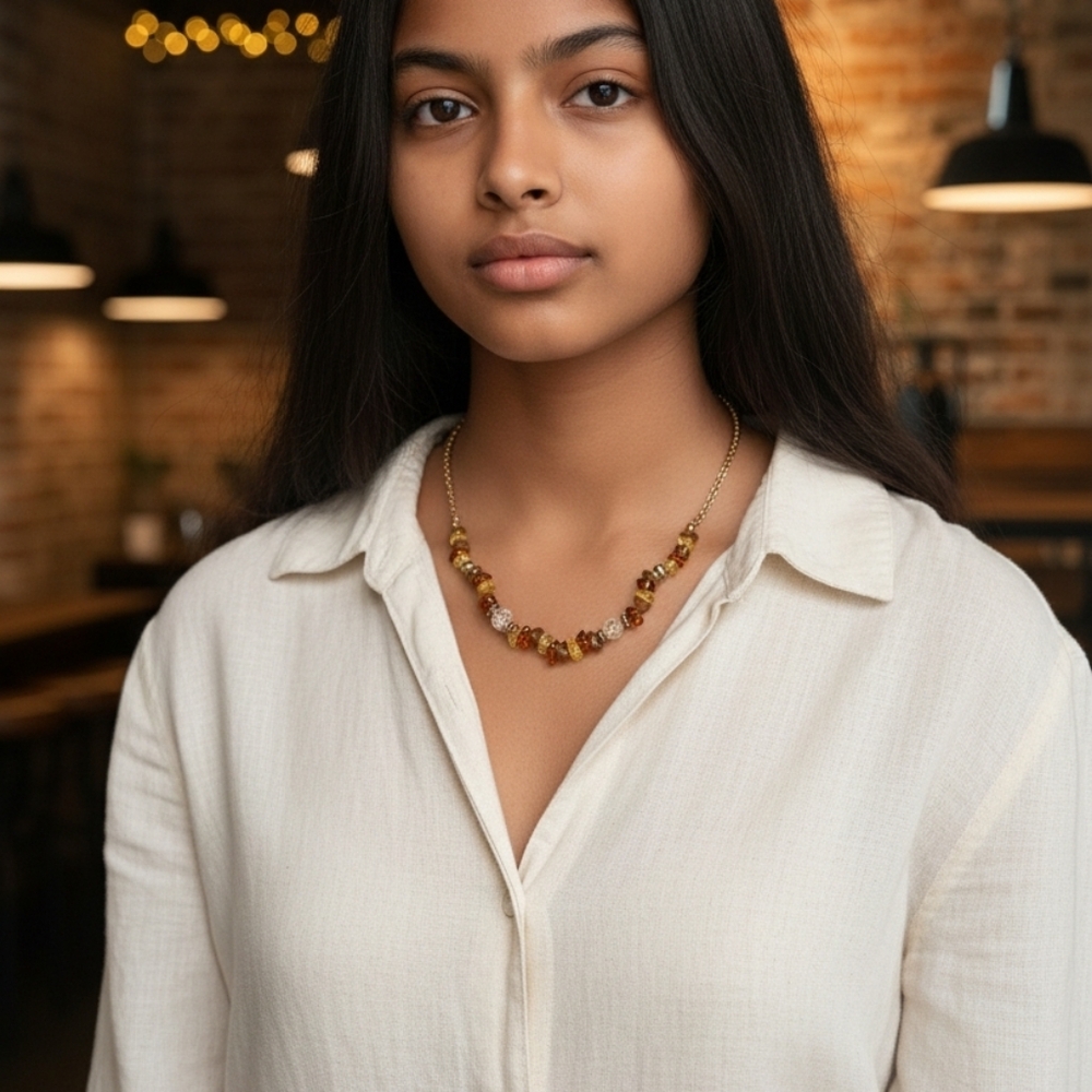 Natural Stone Beaded Necklace – Amber, Citrine & Quartz Gold Tone Chain 17”-21”